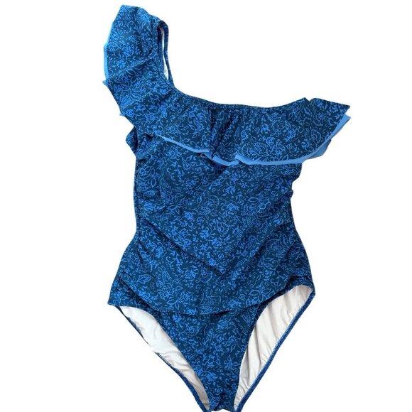 Profile By Gottex Petrol Blue Mehndi One Shoulder Ruffle Swimsuit Womens Size 14 - Picture 1 of 16